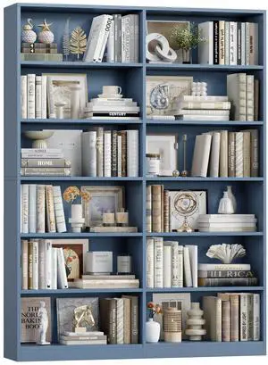 Bookshelf and Bookcase, 6-Tier Double Wide Bookshelves, Freestanding Display Storage Shelves, Tall Bookcases for Home Decor Bedroom, Living Room, Home Office, Blue Bookshelf and Bookcase, 6-Tier Double Wide Bookshelves, Freestanding Display Storage Shelves, Tall Bookcases for Home Decor Bedroom, Living Room, Home Office, Blue