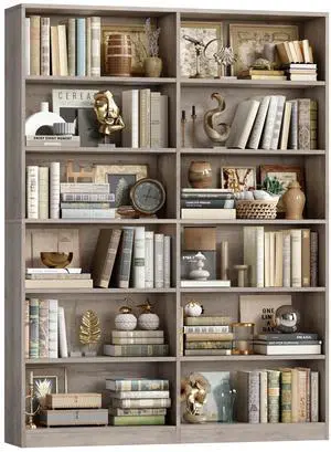 Bookshelf and Bookcase, 6-Tier Double Wide Bookshelves, Freestanding Display Storage Shelves, Tall Bookcases for Home Decor Bedroom, Living Room, Home Office, Wash Gray Bookshelf and Bookcase, 6-Tier Double Wide Bookshelves, Freestanding Display Storage Shelves, Tall Bookcases for Home Decor Bedroom, Living Room, Home Office, Wash Gray
