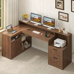 Farmhouse L Shaped Desk with Drawers, 62.2" Home Office Desk with Storage Shelves and Power Outlet, L Shaped Computer Desk with Monitor Stand and Printer Shelf, Brown Farmhouse L Shaped Desk with Drawers, 62.2" Home Office Desk with Storage Shelves and Power Outlet, L Shaped Computer Desk with Monitor Stand and Printer Shelf, Brown