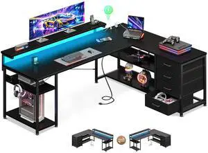 61" L Shaped Desk with Drawer, Computer Desk with Power Outlets & LED Lights, Reversible Corner Gaming Desk for Home Office Workstation, Office Desk with Monitor Shelf, Pure Black 61" L Shaped Desk with Drawer, Computer Desk with Power Outlets & LED Lights, Reversible Corner Gaming Desk for Home Office Workstation, Office Desk with Monitor Shelf, Pure Black