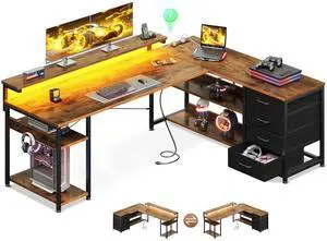 61" L Shaped Desk with Drawer, Computer Desk with Power Outlets & LED Lights, Reversible Corner Gaming Desks for Home Office Workstation, Office Table with Monitor Shelf, Vintage 61" L Shaped Desk with Drawer, Computer Desk with Power Outlets & LED Lights, Reversible Corner Gaming Desks for Home Office Workstation, Office Table with Monitor Shelf, Vintage