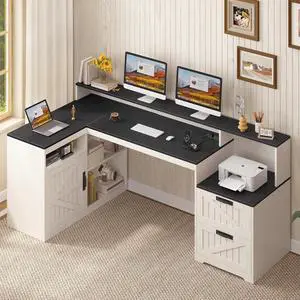 Farmhouse L Shaped Desk with Drawers, 62.2" Home Office Desk with Storage Shelves and Power Outlet, L Shaped Computer Desk with Monitor Stand and Printer Shelf, Black and White Farmhouse L Shaped Desk with Drawers, 62.2" Home Office Desk with Storage Shelves and Power Outlet, L Shaped Computer Desk with Monitor Stand and Printer Shelf, Black and White