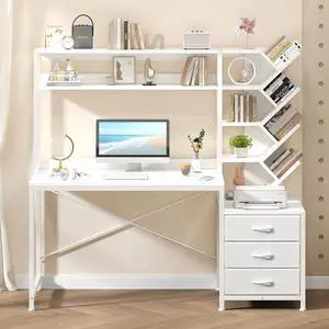 Reversible Computer Desk with Hutch, Home Office Desk with Drawers and Bookshelf, 52'' Study Writing Desk with Storage Shelves for Bedroom Home Office, White Reversible Computer Desk with Hutch, Home Office Desk with Drawers and Bookshelf, 52'' Study Writing Desk with Storage Shelves for Bedroom Home Office, White