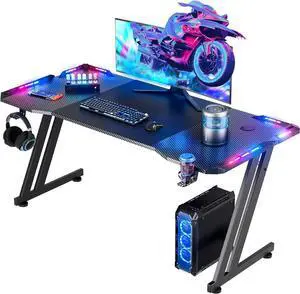 47 Inch Gaming Desk with LED Lights, Large RGB Computer Gaming Desk Table with Cup Holder Headphone Hook Mouse Pad, Ergonomic Modern Carbon Fiber Mesa Gamer Pc Work Home Office Desks, Black 47 Inch Gaming Desk with LED Lights, Large RGB Computer Gaming Desk Table with Cup Holder Headphone Hook Mouse Pad, Ergonomic Modern Carbon Fiber Mesa Gamer Pc Work Home Office Desks, Black
