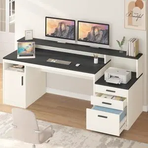 65 Inch Computer Desk with 3 Drawers & Storage Shelves, Executive Desk with File Drawer & Cabinet, Home Office Desk with Long Monitor Stand & Printer Shelf, Black & White 65 Inch Computer Desk with 3 Drawers & Storage Shelves, Executive Desk with File Drawer & Cabinet, Home Office Desk with Long Monitor Stand & Printer Shelf, Black & White