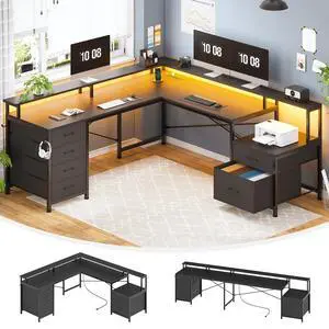 L Shaped Desk with 6 Drawer, 108" Home Office Desk with File Drawer & Power Outlet, Corner Computer Desk with Monitor Shelf, File Cabinet, Two Person Desk, Gaming Desk with Led Lights, Black L Shaped Desk with 6 Drawer, 108" Home Office Desk with File Drawer & Power Outlet, Corner Computer Desk with Monitor Shelf, File Cabinet, Two Person Desk, Gaming Desk with Led Lights, Black