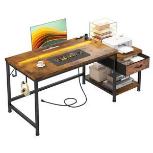48.1''Gaming Computer Desk with A Reversible Printer Shelf, Built-in Power Outlets & LED Lights, Desk with Drawer and Headphone Hook for Gaming,Craft Working and Studying in Bedroom, Dorm,Rustic Brown 48.1''Gaming Computer Desk with A Reversible Printer Shelf, Built-in Power Outlets & LED Lights, Desk with Drawer and Headphone Hook for Gaming,Craft Working and Studying in Bedroom, Dorm,Rustic Brown