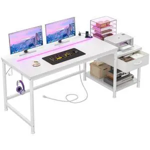 56 Inch White Computer Desk with Printer Shelf, Power Outlet & LED Lights, Reversible Office Desk with Drawers & Hooks for Headphone, Bags for Bedroom,Dorm,Teens Study Room,White 56 Inch White Computer Desk with Printer Shelf, Power Outlet & LED Lights, Reversible Office Desk with Drawers & Hooks for Headphone, Bags for Bedroom,Dorm,Teens Study Room,White