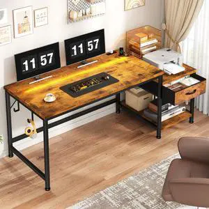 56" Computer Desk with Printer Shelf & Power Outlets Reversible Gaming Desk with LED Lights, Drawer & Headphone Hook for Teen Bedroom, Dorm, Home Office, Rustic Brown 56" Computer Desk with Printer Shelf & Power Outlets Reversible Gaming Desk with LED Lights, Drawer & Headphone Hook for Teen Bedroom, Dorm, Home Office, Rustic Brown