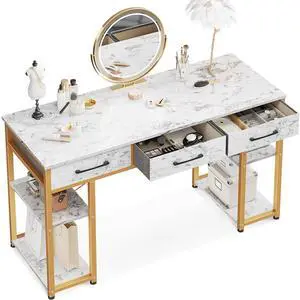 Vanity Desk with 3 Fabric Drawers & Storage Shelves, Makeup Dressing Table, Home Office Desks for Bedroom, Small Modern Writing Desk for Girls Bedroom, White and Gold, 48"x16" (No Mirror) Vanity Desk with 3 Fabric Drawers & Storage Shelves, Makeup Dressing Table, Home Office Desks for Bedroom, Small Modern Writing Desk for Girls Bedroom, White and Gold, 48"x16" (No Mirror)