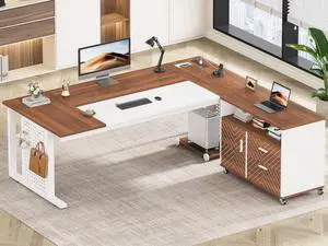 71" Executive Desk with Rolling File Cabinet, Large Office Desk with Drawers, L Shaped Computer Desk with Power Outlets, CPU Stand, Pegboard and Storage Shelves, White 71" Executive Desk with Rolling File Cabinet, Large Office Desk with Drawers, L Shaped Computer Desk with Power Outlets, CPU Stand, Pegboard and Storage Shelves, White