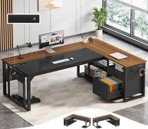 71 in Executive Desk with Power Outlets, Reversible L Shaped Computer Desk with File Drawers & Storage Shelves, Large Office Desk with Pegboard, Mobile CPU Stand, Modern Corner Desk (Walnut) 71 in Executive Desk with Power Outlets, Reversible L Shaped Computer Desk with File Drawers & Storage Shelves, Large Office Desk with Pegboard, Mobile CPU Stand, Modern Corner Desk (Walnut)