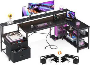 75" L Shaped Desk with File Drawers, Work from Home Office Desk with Power Outlet, Reversible Computer Desk with Storage Shelves, Gaming Desk with Monitor Shelf, Corner WFM Table, Black 75" L Shaped Desk with File Drawers, Work from Home Office Desk with Power Outlet, Reversible Computer Desk with Storage Shelves, Gaming Desk with Monitor Shelf, Corner WFM Table, Black