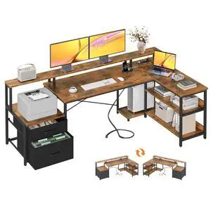 75" L Shaped Desk with File Drawers, Work from Home Office Desk with Power Outlet, Reversible Computer Desk with Storage Shelves, Gaming Desk with Monitor Shelf, Corner WFM Table, Vintage 75" L Shaped Desk with File Drawers, Work from Home Office Desk with Power Outlet, Reversible Computer Desk with Storage Shelves, Gaming Desk with Monitor Shelf, Corner WFM Table, Vintage