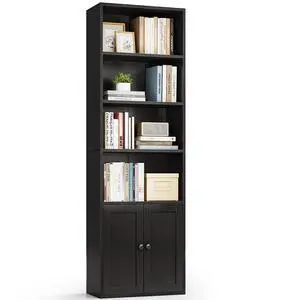 Bookshelf and Bookcase with Doors, Floor Standing 6-Tier Shelf Display Storage Shelves, Tall Bookcases for Home Office, Living Room, Black Bookshelf and Bookcase with Doors, Floor Standing 6-Tier Shelf Display Storage Shelves, Tall Bookcases for Home Office, Living Room, Black