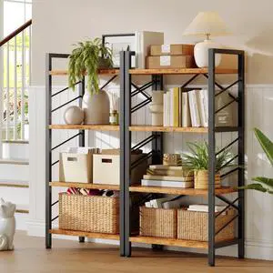 2 Pieces 4 Tier Bookshelf, Industrial Bookcase with Metal Frame and Sidebars, Small Bookshelf for Bedroom, Home Office and Living Room, Rustic Brown 2 Pieces 4 Tier Bookshelf, Industrial Bookcase with Metal Frame and Sidebars, Small Bookshelf for Bedroom, Home Office and Living Room, Rustic Brown
