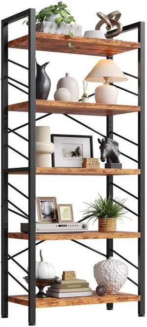 5 Tier Bookshelf for Narrow Space, Rustic Brown | Small Storage Shelves, Sidebars and Metal Frame 5 Tier Bookshelf for Narrow Space, Rustic Brown | Small Storage Shelves, Sidebars and Metal Frame