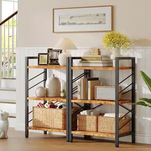 2 Pieces Book Shelf, 3 Tier Industrial Bookcase with Metal Frame and Sidebars, Small Bookshelf for Living Room, Bedroom, Home Office, Rustic Brown 2 Pieces Book Shelf, 3 Tier Industrial Bookcase with Metal Frame and Sidebars, Small Bookshelf for Living Room, Bedroom, Home Office, Rustic Brown
