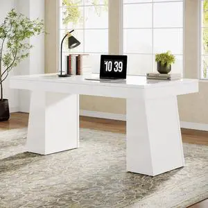 55" Executive Desk, Wooden Office Desk with Double Pedestal, Modern Simple Computer Writing Table for Home Office, White 55" Executive Desk, Wooden Office Desk with Double Pedestal, Modern Simple Computer Writing Table for Home Office, White