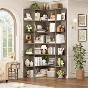 72" Tall Corner Bookshelf, 6-Tier Bookshelf and Bookcase with Open Storage, Tall Bookcases Wooden Storage Shelves for Home Office, Thickened Boards for Better Load Bearing, Vintage Grey 72" Tall Corner Bookshelf, 6-Tier Bookshelf and Bookcase with Open Storage, Tall Bookcases Wooden Storage Shelves for Home Office, Thickened Boards for Better Load Bearing, Vintage Grey