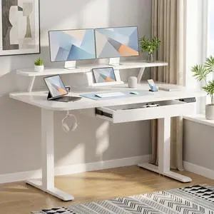 Electric Standing Desk with Drawers, 48 x 24 Inches Height Adjustable Computer Desk with Monitor Stand, Laptop Stand, Sit Stand up Desk with Memory Preset for Home, Office, Ivory White Electric Standing Desk with Drawers, 48 x 24 Inches Height Adjustable Computer Desk with Monitor Stand, Laptop Stand, Sit Stand up Desk with Memory Preset for Home, Office, Ivory White