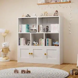 Kids Bookshelf and Toy Storage Organizer with 3 Cabinet and 5 Open Cubbies,Kids Toys Storage Organizer Shelf with Corner Guard,Multifunctional Floor Chest for Playroom and Kid's Room(White) Kids Bookshelf and Toy Storage Organizer with 3 Cabinet and 5 Open Cubbies,Kids Toys Storage Organizer Shelf with Corner Guard,Multifunctional Floor Chest for Playroom and Kid's Room(White)
