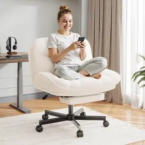 Cross Legged Office Chair with Foot Rest, 6.3" Thick Cushioned Criss Cross Chair with Wheels, Height Adjustable Swivel Vanity Chair for All-Day Comfort (White) Cross Legged Office Chair with Foot Rest, 6.3" Thick Cushioned Criss Cross Chair with Wheels, Height Adjustable Swivel Vanity Chair for All-Day Comfort (White)