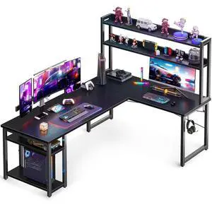 L Shaped Gaming Desk with Hutch, Computer Desk with Storage Shelves, 66" L Shaped Desk for Home Office, Corner Desk with Headphone Hook, Black L Shaped Gaming Desk with Hutch, Computer Desk with Storage Shelves, 66" L Shaped Desk for Home Office, Corner Desk with Headphone Hook, Black