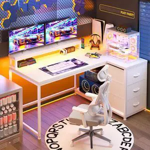 L Shaped Gaming Desk with 3 Drawers & Power Outlet, 40Inch White Computer Desk with LED Lights Reversible Office Desk with Monitor Stand for Gaming,Study Room,Home Office,Bedroom,White L Shaped Gaming Desk with 3 Drawers & Power Outlet, 40Inch White Computer Desk with LED Lights Reversible Office Desk with Monitor Stand for Gaming,Study Room,Home Office,Bedroom,White
