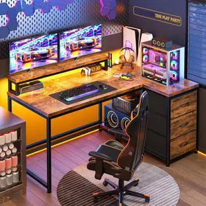 40''L Shaped Computer Desk with 3 Drawers & Monitor Stand, Small Gaming Desk with Power Outlet & LED Lights, Corner Desk for Gaming, Home Office, Study Room, Rustic Brown 40''L Shaped Computer Desk with 3 Drawers & Monitor Stand, Small Gaming Desk with Power Outlet & LED Lights, Corner Desk for Gaming, Home Office, Study Room, Rustic Brown
