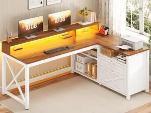 Farmhouse L Shaped Desk, 55" Home Office Desk with Drawers and Storage Shelves, L Shaped Gaming Desk with LED Lights, Power Outlet and Monitor Shelf, Brown Farmhouse L Shaped Desk, 55" Home Office Desk with Drawers and Storage Shelves, L Shaped Gaming Desk with LED Lights, Power Outlet and Monitor Shelf, Brown