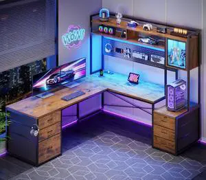 L Shaped Gaming Desk with 6 Drawers, Reversible Computer Office Desk with File Drawer, Hutch, Storage Shelves, Gaming Corner Desk with Led Lights, Power Outlet for Two Person, Rustic Brown L Shaped Gaming Desk with 6 Drawers, Reversible Computer Office Desk with File Drawer, Hutch, Storage Shelves, Gaming Corner Desk with Led Lights, Power Outlet for Two Person, Rustic Brown
