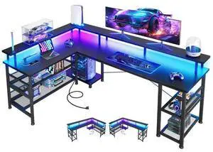 66" L Shaped Gaming Desk with Power Outlet and LED Lights, PC Gaming Table with Carbon Fiber Texture, Reversible L Shape Desk with Storage Shelves & Monitor Stand, Home Office Desk, Black 66" L Shaped Gaming Desk with Power Outlet and LED Lights, PC Gaming Table with Carbon Fiber Texture, Reversible L Shape Desk with Storage Shelves & Monitor Stand, Home Office Desk, Black