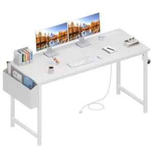 White Computer Desk with Power Outlet, 55 inch Teen Study Table Home Office Work Writing Gaming Desks with Charging Station Outlets Built in, White White Computer Desk with Power Outlet, 55 inch Teen Study Table Home Office Work Writing Gaming Desks with Charging Station Outlets Built in, White