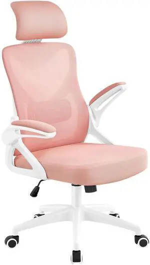 Ergonomic Office Chair with Headrest, Lumbar Support, White/Pink | Breathable mesh high-back adjustable headrest, padded seat, and flip-up armrests supports your back and neck, holds 300lb Ergonomic Office Chair with Headrest, Lumbar Support, White/Pink | Breathable mesh high-back adjustable headrest, padded seat, and flip-up armrests supports your back and neck, holds 300lb