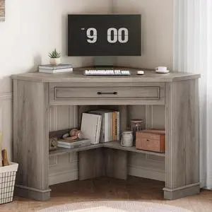 31.5" Small Corner Desk, Corner Desk for Small Space, Farmhouse Computer Desk with Drawers, Triangle Computer Desk with Storage Shelves for Home Office, Living Room, Bedroom, Gray 31.5" Small Corner Desk, Corner Desk for Small Space, Farmhouse Computer Desk with Drawers, Triangle Computer Desk with Storage Shelves for Home Office, Living Room, Bedroom, Gray