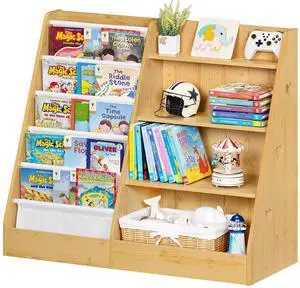 4 Tier Kids Bookshelf and Storage Organizer, Five Layer Sling Children Bookcase, Baby Toddler Wooden Book Shelf, Display Cabinet for Playroom, Bedroom, Classroom, Nursery, School (Natural) 4 Tier Kids Bookshelf and Storage Organizer, Five Layer Sling Children Bookcase, Baby Toddler Wooden Book Shelf, Display Cabinet for Playroom, Bedroom, Classroom, Nursery, School (Natural)