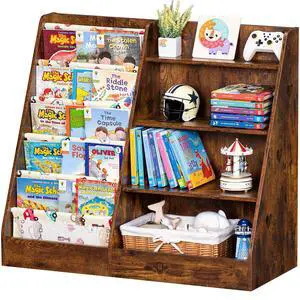 4 Tier Kids Bookshelf and Storage Organizer, Five Layer Sling Children Bookcase, Baby Toddler Wooden Book Shelf, Display Cabinet for Playroom, Bedroom, Classroom, Nursery, School (Brown) 4 Tier Kids Bookshelf and Storage Organizer, Five Layer Sling Children Bookcase, Baby Toddler Wooden Book Shelf, Display Cabinet for Playroom, Bedroom, Classroom, Nursery, School (Brown)