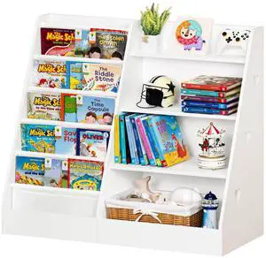4 Tier Kids Bookshelf and Storage Organizer, Five Layer Sling Children Bookcase, Baby Toddler Wooden Book Shelf, Display Cabinet for Playroom, Bedroom, Classroom, Nursery, School (White) 4 Tier Kids Bookshelf and Storage Organizer, Five Layer Sling Children Bookcase, Baby Toddler Wooden Book Shelf, Display Cabinet for Playroom, Bedroom, Classroom, Nursery, School (White)