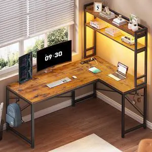 L Shaped Desk with Hutch, 45.3 Reversible Home Office Desk, L Shaped Gaming Desk with LED Lights, Power Outlet, Storage Shelves and Hooks for Small Space, Rustic Brown L Shaped Desk with Hutch, 45.3 Reversible Home Office Desk, L Shaped Gaming Desk with LED Lights, Power Outlet, Storage Shelves and Hooks for Small Space, Rustic Brown
