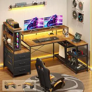 L Shaped Gaming Desk with Drawers & Storage Shelves, Corner Gaming Desk with Power Outlets & LED Light, Reversible Computer Desk with Monitor Stand & Hooks, Rustic Brown L Shaped Gaming Desk with Drawers & Storage Shelves, Corner Gaming Desk with Power Outlets & LED Light, Reversible Computer Desk with Monitor Stand & Hooks, Rustic Brown