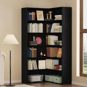 Corner Bookshelf, 6 Tiers Corner Bookcases with Baffles Etagere Shelf Storage Rack for Living Room Home Office, Black Corner Bookshelf, 6 Tiers Corner Bookcases with Baffles Etagere Shelf Storage Rack for Living Room Home Office, Black
