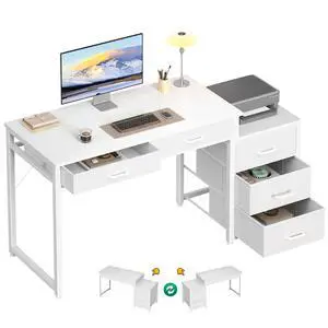 Computer Desk with 5 Drawers, 53 Inch Office Desk with Printer Shelf, Reversible Vanity Desk for Home Bedroom, Writing Table Desk for Storage, White Computer Desk with 5 Drawers, 53 Inch Office Desk with Printer Shelf, Reversible Vanity Desk for Home Bedroom, Writing Table Desk for Storage, White