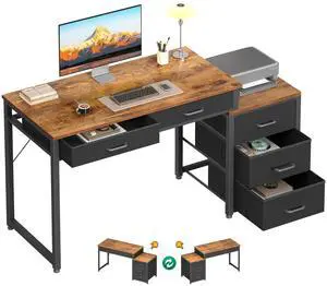 Computer Desk with 5 Drawers, 53 Inch Office Desk with Printer Shelf, Reversible Work Desk for Home Office, Writing Table Desk for Storage, Rustic Brown Computer Desk with 5 Drawers, 53 Inch Office Desk with Printer Shelf, Reversible Work Desk for Home Office, Writing Table Desk for Storage, Rustic Brown