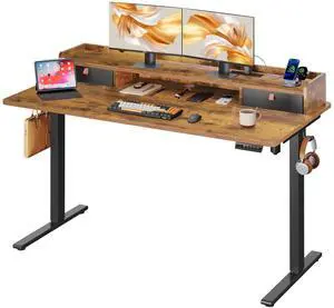 55 Inch Electric Standing Desk with Shelf, Adjustable Computer Desk for Home Office, with LED Touchscreen,Headphone Hook, 3 Memory Preset, with One-Piece Desktop, Rustic Brown 55 Inch Electric Standing Desk with Shelf, Adjustable Computer Desk for Home Office, with LED Touchscreen,Headphone Hook, 3 Memory Preset, with One-Piece Desktop, Rustic Brown