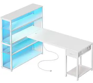 57 Inch L Shaped Gaming Computer Desk with Larger Open Cabinet, Reverisble Office Desk with Power Outlets, LED Lights, Work Desk, Fabric Drawer, Adjustable Wood and Mesh Shelf, White 57 Inch L Shaped Gaming Computer Desk with Larger Open Cabinet, Reverisble Office Desk with Power Outlets, LED Lights, Work Desk, Fabric Drawer, Adjustable Wood and Mesh Shelf, White