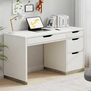 White Desk with Drawers, 48 Inch Small Computer Desk with 4 Storage Drawers for Small Space, Home Office Desk for Bedroom with Storage File Drawer White Desk with Drawers, 48 Inch Small Computer Desk with 4 Storage Drawers for Small Space, Home Office Desk for Bedroom with Storage File Drawer