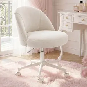Velvet Vanity Chair with Wheels Armless Swivel Desk Chair, Height Adjustable, Curved Lumbar Back Support, Rolling Task Chair for Makeup Vanity, Home Office & Young Teen Bedroom, Cream White Velvet Vanity Chair with Wheels Armless Swivel Desk Chair, Height Adjustable, Curved Lumbar Back Support, Rolling Task Chair for Makeup Vanity, Home Office & Young Teen Bedroom, Cream White