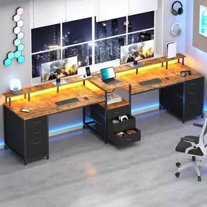 98.4" Long Computer Desk with 9 Drawers, 2 Person Gaming Desk with LED Lights & Power Outlet, Two Person Home Office Desk with Storage, Printer Shelf & Monitor Stand, Rustic Brown 98.4" Long Computer Desk with 9 Drawers, 2 Person Gaming Desk with LED Lights & Power Outlet, Two Person Home Office Desk with Storage, Printer Shelf & Monitor Stand, Rustic Brown