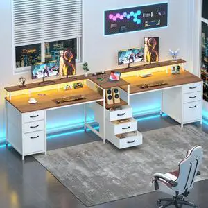 98.4" Long Computer Desk with 9 Drawers, 2 Person Gaming Desk with LED Lights & Power Outlet, Two Person Home Office Desk with Storage, Printer Shelf & Monitor Stand, Brown and White 98.4" Long Computer Desk with 9 Drawers, 2 Person Gaming Desk with LED Lights & Power Outlet, Two Person Home Office Desk with Storage, Printer Shelf & Monitor Stand, Brown and White